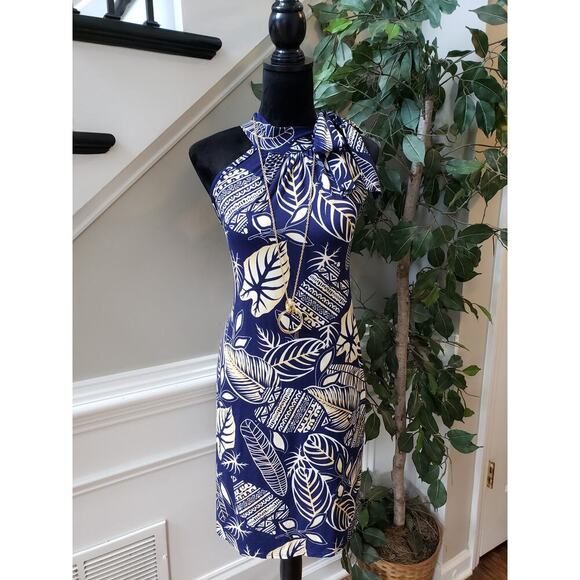 Marianne Sheath Dress Women 1X Blue White Leaf Print Stretch Pleated Halter Neck - Picture 1 of 12